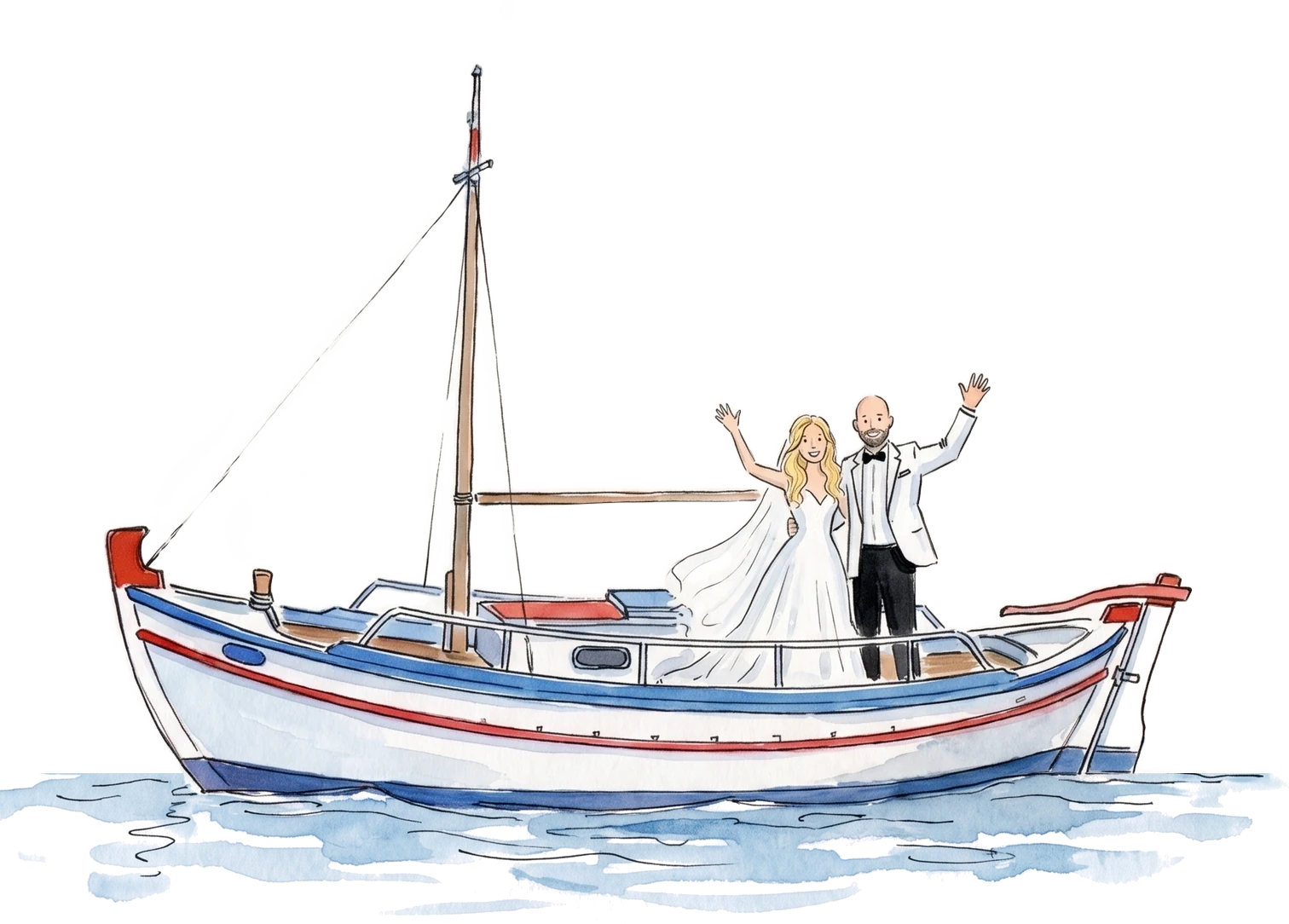 Cornelia and Ludvig waving from a small white Greek fishing boat