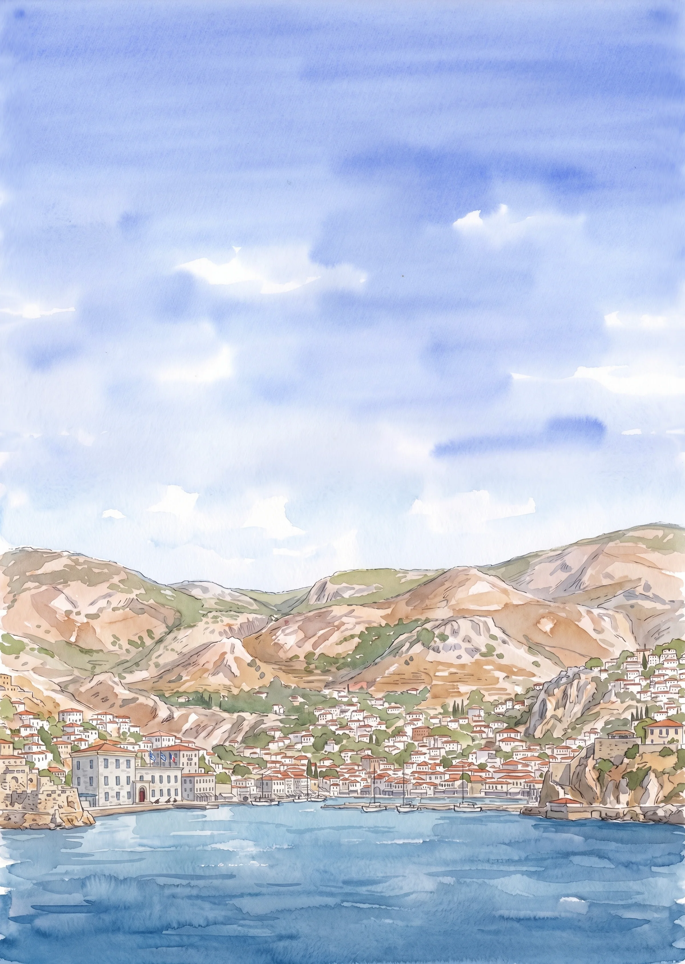 Watercolour of Hydra seen from the sea: the Historical Archives Museum beside the bastion on the left, the town around the harbour, the fortified cliff on the right and the mountains behind, with open sky above