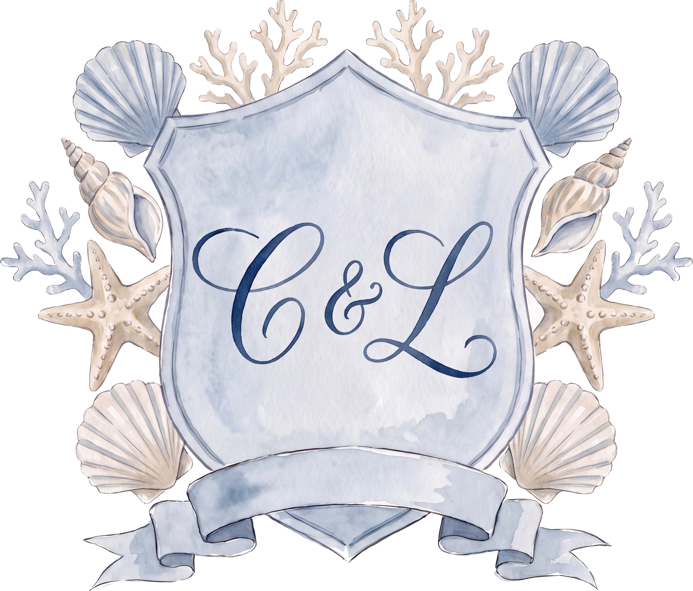 Cornelia and Ludvig's monogram: C and L in navy script inside a pale blue shield with shells, starfish and coral